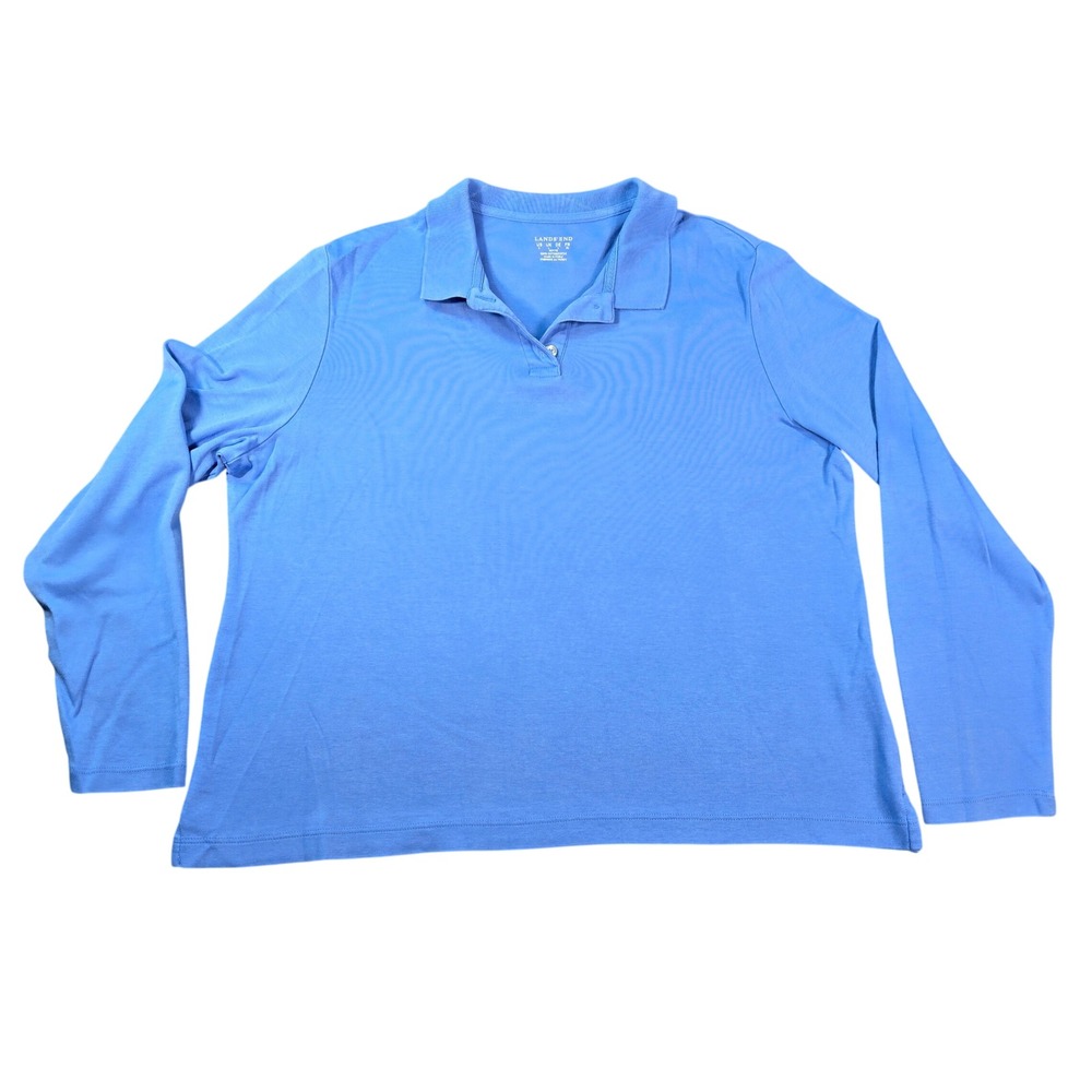 Lands End Women's Petite Size Large Blue Long Sleeve Cotton Polo Shirt Peru Made